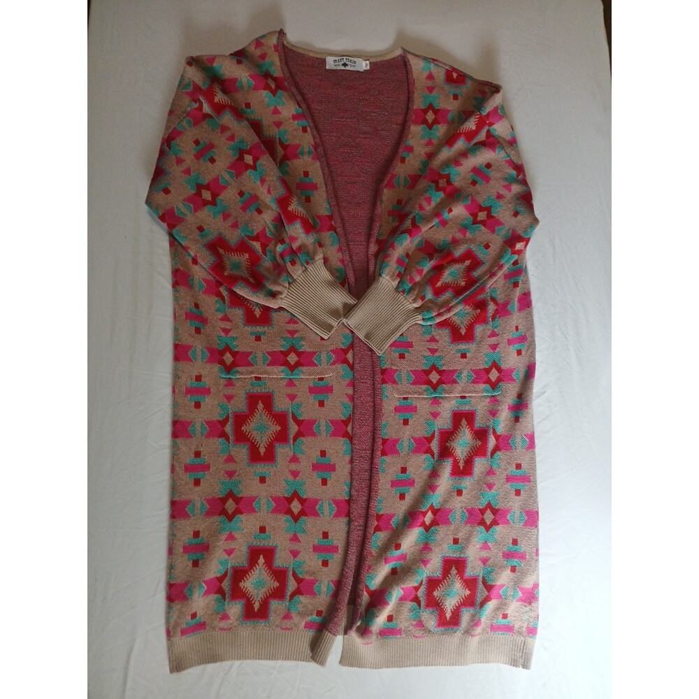 CRAZY TRAIN Womens Aztec Duster Cardigan Sz Med Reds, Teals, Beige A23